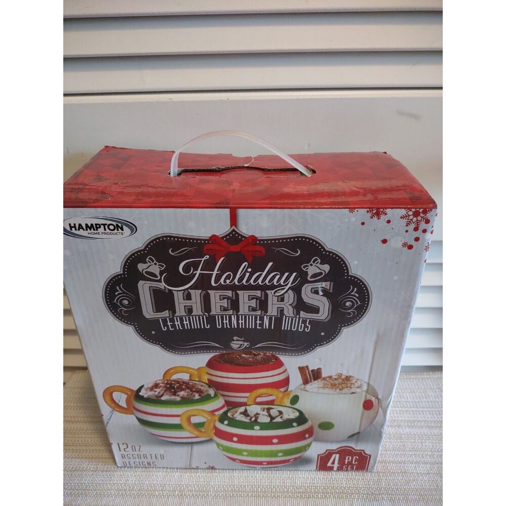 Hampton Home Products Christmas Holiday Cheers Ceramic Ornament Mugs 4 pc set